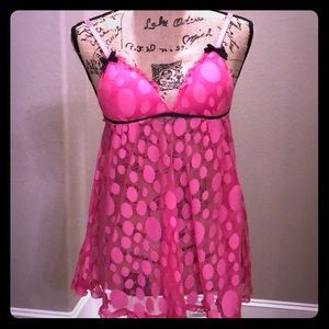 PER LEI Pink Lace Sheer Babydoll Pink Polka Dot 💕